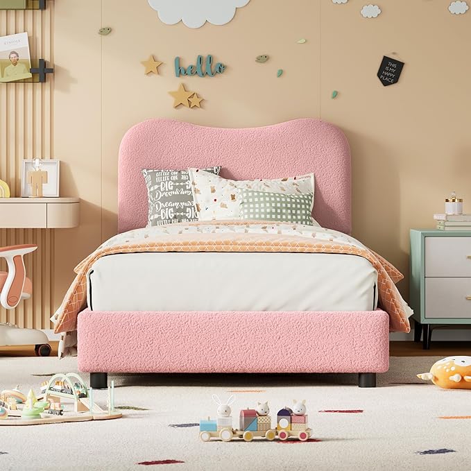 Boucle Twin Bed Frame for Kids with Upholstered Headboard, Low Profile Sturdy Platform Bed with Soft Boucle Fabric for Girls and Boys, Heavy Duty, Wooden Slats, Noise Free, No Box Spring Needed, Pink