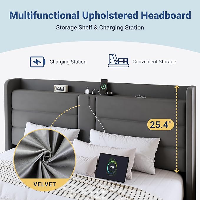 Allewie King Size Platform Bed Frame with Charging Station & Storage Headboard, Upholstered Velvet Wingback Design & USB Port, Strong Wooden Slats Support, No Box Spring Needed, Easy Assembly, Grey