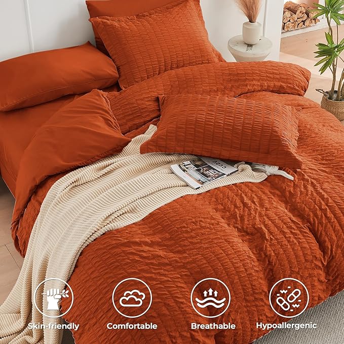 HYMOKEGE Burnt Orange Duvet Cover Full Size, Ultra Soft 3-Piece Seersucker Duvet Cover Set with Zipper Closure, Soft Brushed Microfiber Bedding Set with 8 Corner Ties (80"x90", 2 Pillowshams)