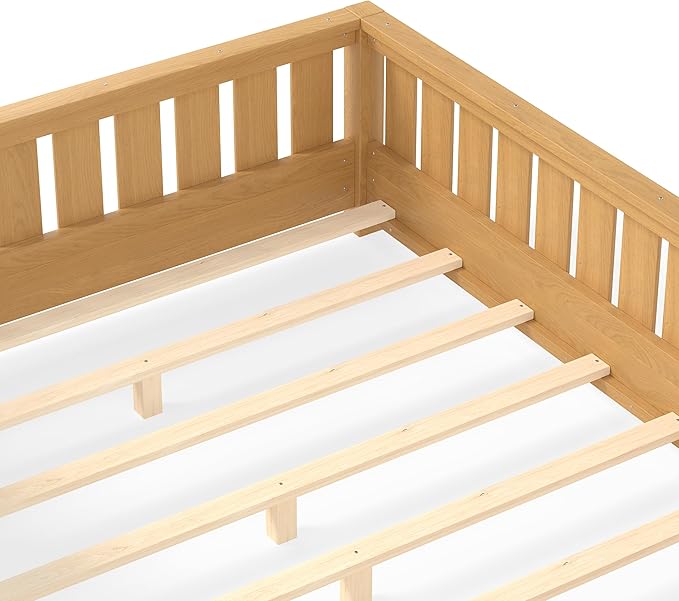 Bellemave Full Size Kids Montessori Bed with Bookshelf,Solid Wood Full Floor Bed Frame with Fence and Slats for Girls Boys,Low-Profile,Light Natural