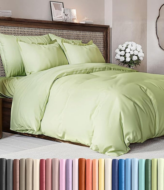 Duvet Cover Queen Size Set - Extra Soft Queen Duvet Cover 90" x 90" with 2 Pillow Shams - Hotel Luxury, Easy Care & Fade Free w/ Zipper Closures & Ties - Comfy, Cozy & Breathable (Light Sage Green)