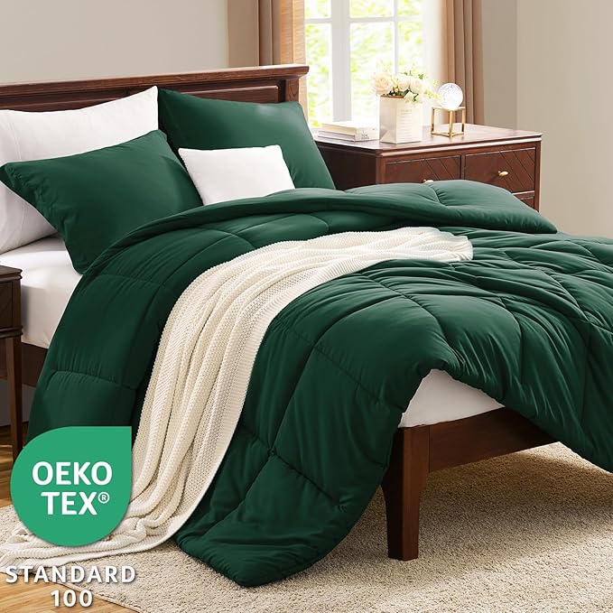 CozyLux King Size Comforter Set - 270GSM Emerald Green Bedding Sets for All Seasons Size, 3 Pieces Box Stitched Bed Set with 1 Down Alternative Comforter and 2 Pillow Shams, Soft, Lightweight, Durable