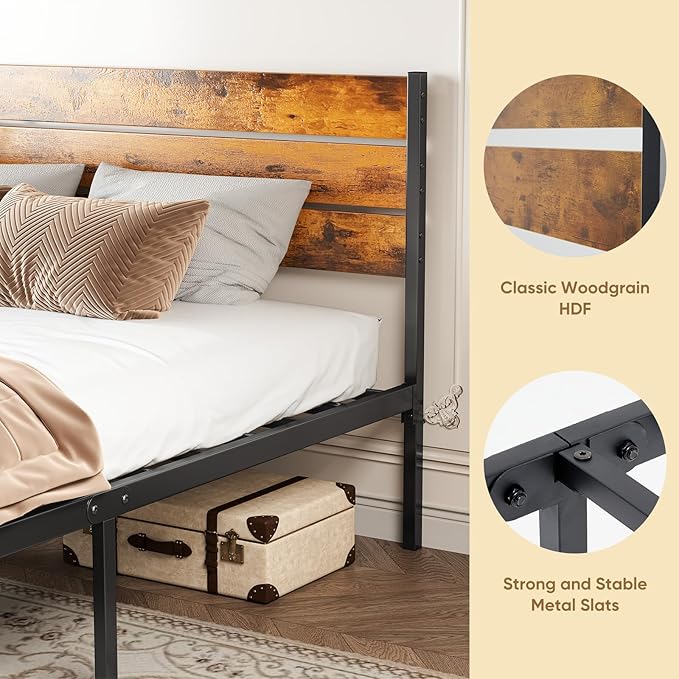 OLIXIS Queen Size Bed Frame with Headboard, 800LBS Bed Base with All Sturdy Metal Support, Under Bed Storage, No Box Spring Needed, Easy Assembly, Rust Brown