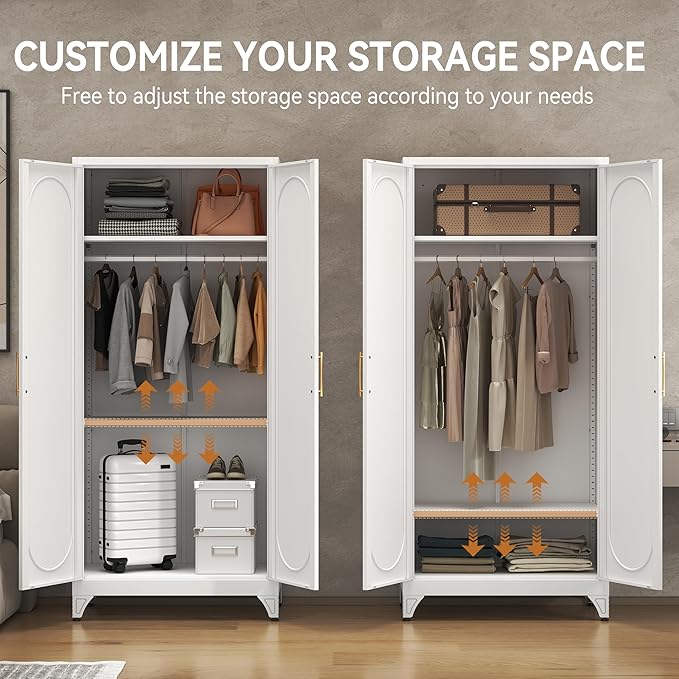 Polup Metal Wardrobe Cabinet for Hanging Clothes, 71" Tall Armoire Wardrobe Closet with Hanging Rod, White Clothing Storage Cabinet with Doors and Shelves, Large Closet for Bedroom-Assemble Required