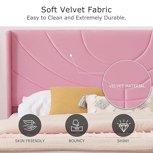 VECELO Queen Size Bed Frame Upholstered Platform with Fabric Headboard/Wooden Slats Support/No Box Spring Needed/Mattress Foundation,Pink