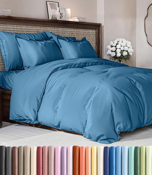 Duvet Cover Cal King Size Set - Extra Soft Cal King Duvet Cover 104" x 98" with 2 Pillow Shams - Hotel Luxury, Easy Care & Fade Free w/ Zipper Closures & Ties - Comfy, Cozy & Breathable (Denim Blue)