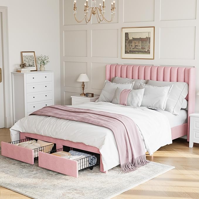 IDEALHOUSE Full Bed Frame with Wingback Headboard, Velvet Upholstered Platform Bed with 2 Storage Drawers, Vertical Tufted Headboard Design, Wooden Slats Support, No Box Spring Needed, Pink
