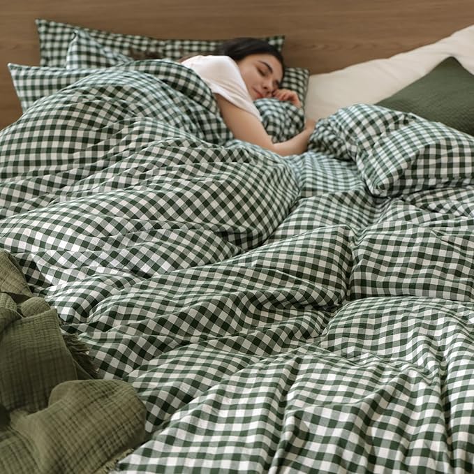 MooMee Gingham Duvet Cover Set 100% Washed Cotton Linen Like Textured Breathable Durable Soft Comfy Modern Checkered Design (Forest Green Gingham, Super Queen 90"x98")
