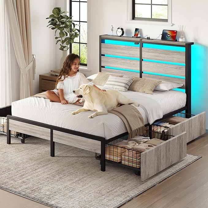 Rolanstar Full Size Bed Frame with 4 Drawers, LED Lights and Charging Station, Metal Platform Bed with Storage Headboard, Noise Free, Easy Assembly, No Box Spring Needed, Light Grey
