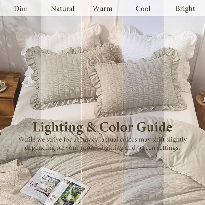 JOLLYVOGUE Queen Comforter Set, 3 Pieces Oatmeal Seersucker Comforters Queen Size, Lightweight & Fluffy Bedding Sets for All Season with 1 Ruffle Comforter and 2 Ruffle Pillowshams