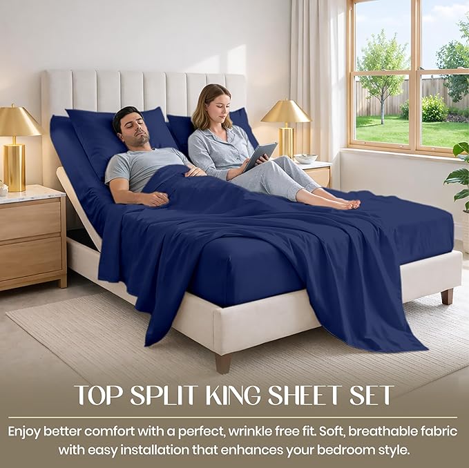 SGI bedding 34" King Split Top Flex Head Sheet 100% Egyptian Cotton Sheet Set 1000 Thread Count Flex Top Sheet for Adjustable Bed 4Pc Sheet Set 15" Deep Pocket for Sleep Number Bed - Navy Blue