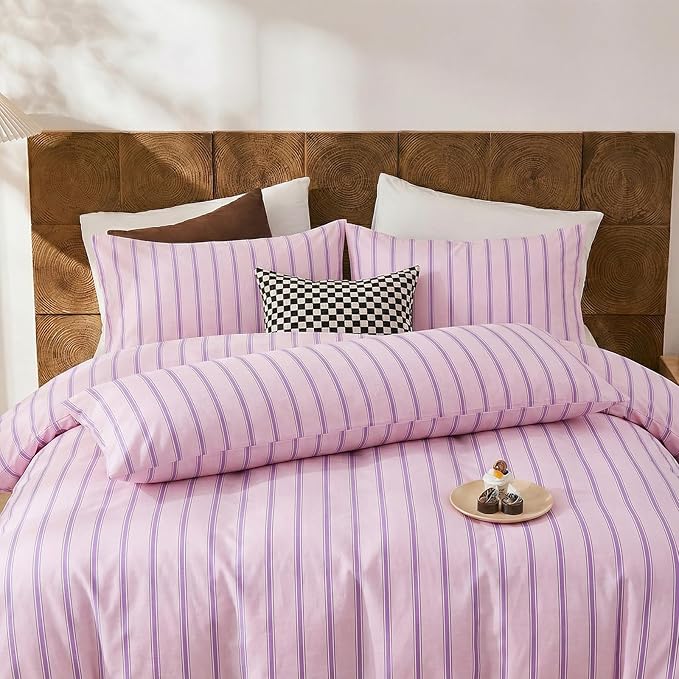 Merryword Body Pillowcases, 100% Cotton Body Pillow Cover, Pink & Purple Striped Pillowcases, Luxury Linen Like Pillowcase, Soft Breathable Engineered Stripes Pillow Cover