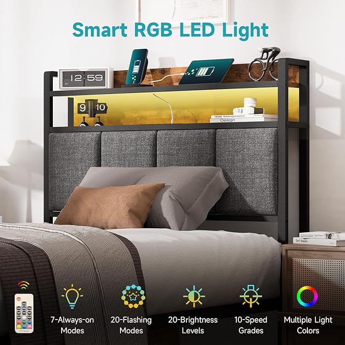 Twin Bed Frame with LED Light &Charging Station, Metal Platform Bed with 2-Tier Shelves & Under Bed Storage, Upholstered Headboard&Footboard,No Box Spring Needed,Noise Free,Easy Assembly,Vintage Brown