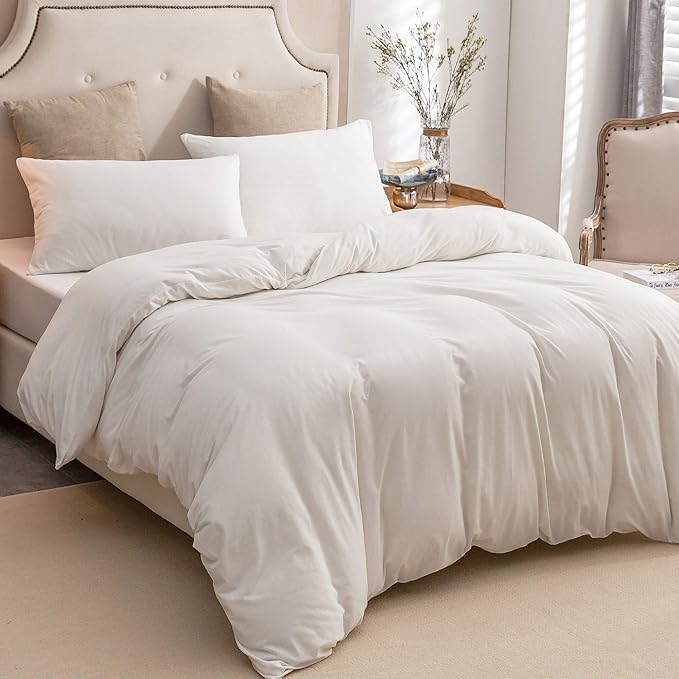 PURE ERA Jersey Knit Duvet Cover Set 100% T-Shirt Cotton Super Soft Comfy 2pc Bedding Set with Zipper Closure (Solid Off White, Twin)