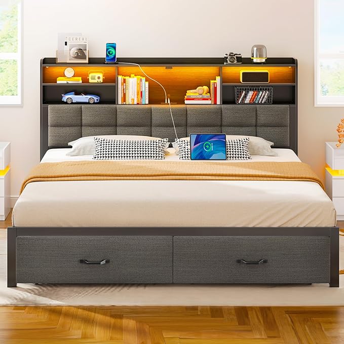Rolanstar Bed Frame King Size with Drawers and Charging Station, Upholstered Platform Bed with Storage Headboard and LED Light, Heavy Duty Metal Support, No Box Spring Needed, Noise Free, Grey