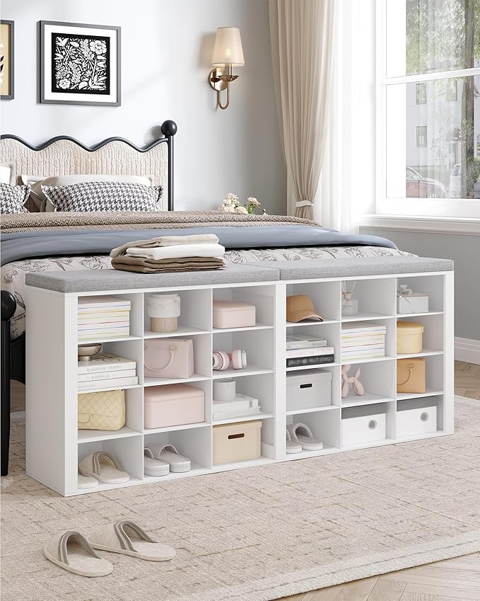 Hzuaneri Shoe Storage Bench with Cushion, Entryway Storage Bench with 24 Cubbies, 9.5" Widened Organizer Cabinet, Long Cubby Rack for Living Room, Bedroom, Entryway, White SB32403GY