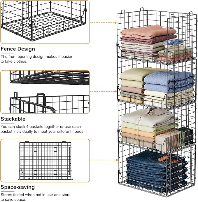 Jakyitvi 4-Tier Extra Height Stackable Closet Organizer – Foldable Storage Bins for Sweaters, Jeans, and Clothes – Sturdy Iron Mesh Shelves for Neat and Efficient Closet Storage – Black