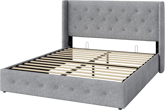 Allewie Queen Size Lift Up Storage Bed, Button Tufted Headboard with Wingback, Hydraulic Support, No Box Spring Needed, Light Grey