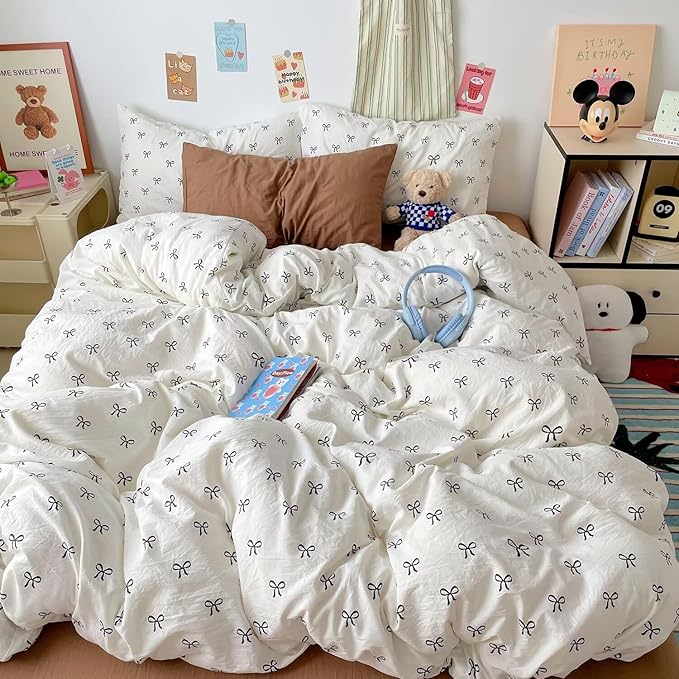 mixinni Vintage Bowknot Pattern Duvet Cover Set - Twin Size, 3 Pieces (1 Duvet Cover + 2 Pillowcases) - Boho Chic Black Bow Design Bedding with Zipper Closure for Girls & Women