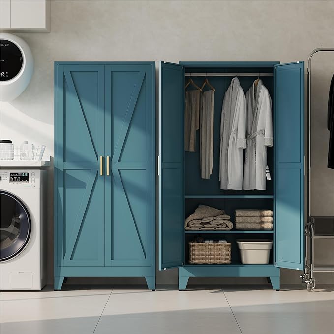 Baborokic Metal Armoire Wardrobe Closet with Hanging Rod,71H Metal Cabinet with Doors and Shelves,Bedroom Armoire Closet Organizers,Storage Cabinets for Bedroom,Office,Laundry Room(Blue)
