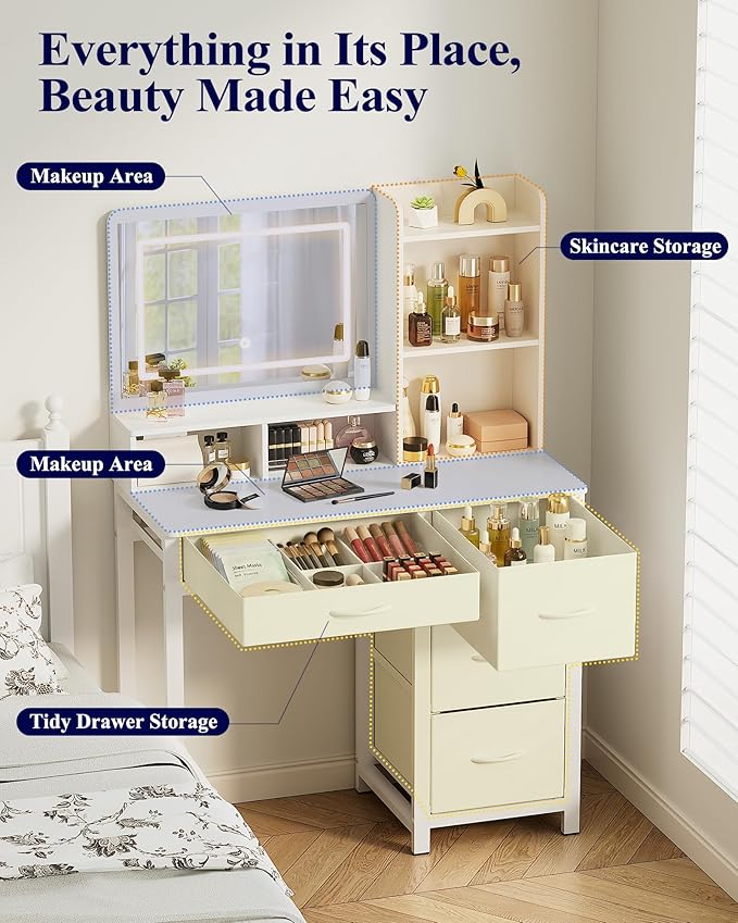 Kitsure Vanity Desk with Mirror and Lights - Large Capacity Makeup Vanity with 4 Fabric Storage Drawers & 3 Lighting Modes, Vanity Table Set with Sturdy Metal Frame for Bedroom, White, 35" x 17" x 52"