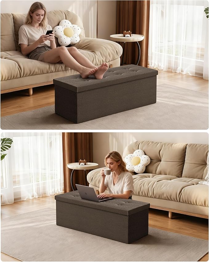GLAXYFUR 43 Inches Folding Storage Ottoman Bench, Storage Chest, Footrest for Entryway, Living Room, Holds up to 660 lb, Brown