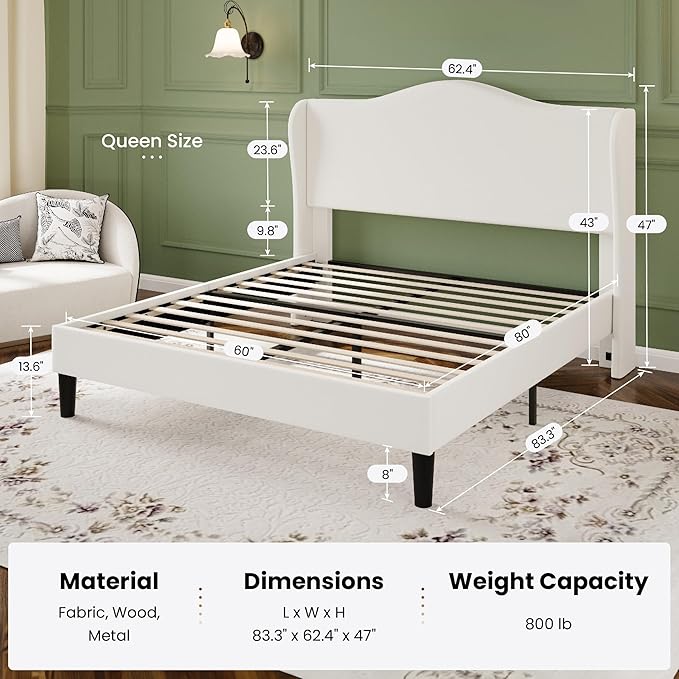 SHA CERLIN Queen Size Bed Frame with Elegant Wingback Headboard,Upholstered Platform Bed with Modern & Luxurious Design,Sturdy Wooden Slats,No Box Spring Needed,Easy Assembly,Noise-Free,Soft White