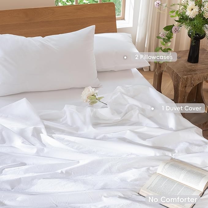 MooMee Bedding Duvet Cover Set 100% Washed Cotton Linen Like Textured Breathable Durable Soft Comfy (Solid Bright White, Alaska King 132"x120")