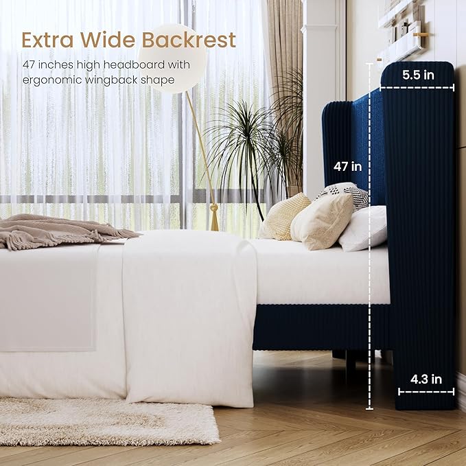 SHA CERLIN Queen Size Corduroy Upholstered Platform Bed Frame with Vertical Channel Tufted Wingback Headboard, 8" Under Bed Storage, Wooden Slats & Metal Frame Support, Easy Assembly, Dark Blue