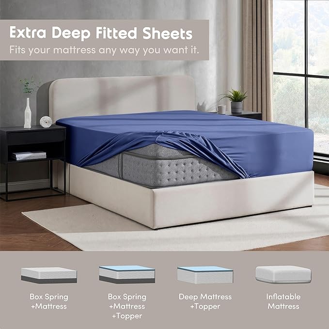 Nestl 4 Pack Royal Blue Fitted Sheet Extra Deep Pocket, Hotel Luxury FullFitted Sheet Only Easily Fits 18 to 24 Inch Mattress, Super Soft, Wrinkle-Free and Breathable with Corner Straps