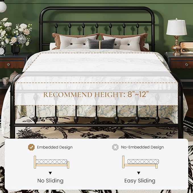 SHA CERLIN Queen Size Metal Platform Bed Frame with Victorian Style Iron-Art Headboard and Footboard, Easy Assembly, Under Bed Storage, No Box Spring Required, Black