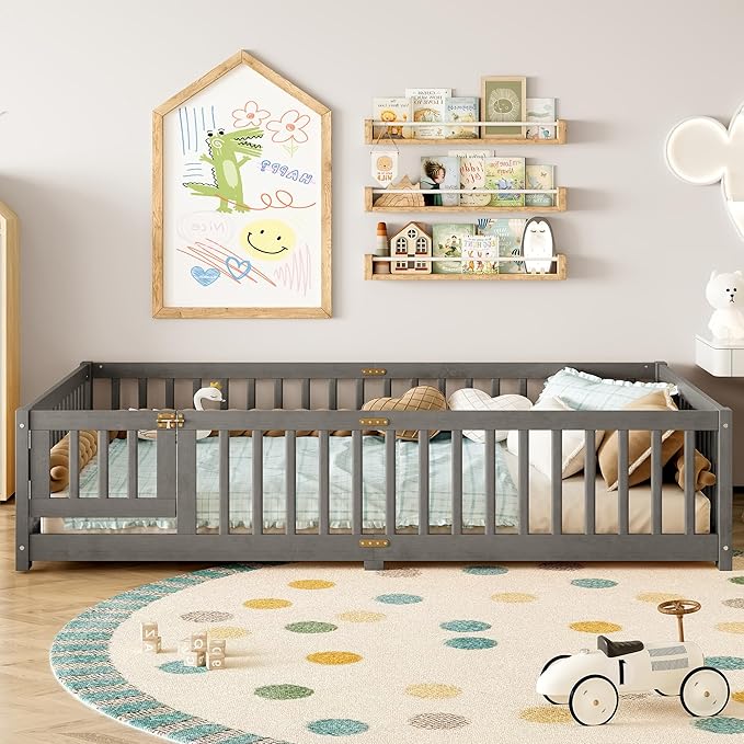 Bellemave Queen Floor Bed Frame with Rails and Door, Solid Wood Montessori Queen Size Floor Bed, Low Profile Montessori Beds with Removable Slats, Grey
