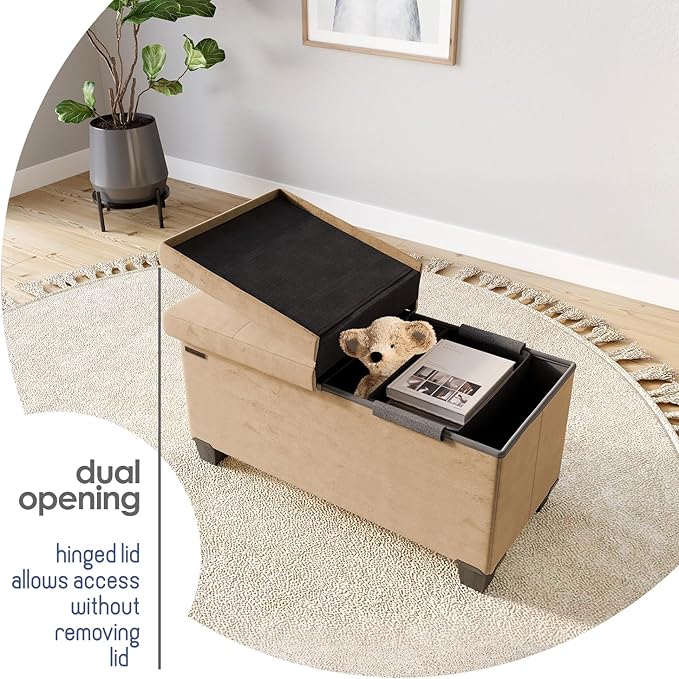 Storage Ottoman Bench with Bins, 30-in Storage Bench for Bedroom End of Bed, Folding Foot Rest Ottoman for Living Room Max 660lbs, Velvet Ottomans, Taupe