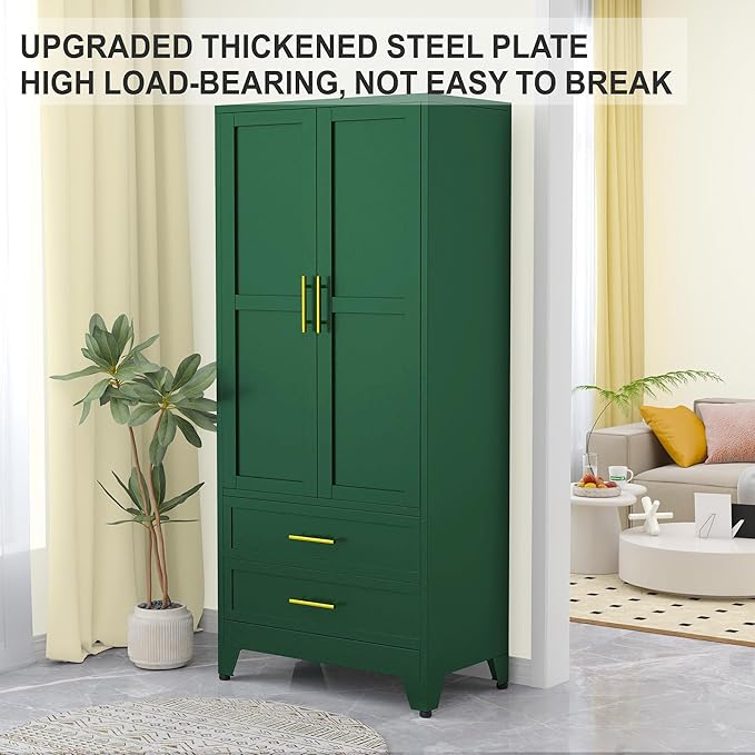 RIETERN Metal Armoire Wardrobe Closet, 71" Tall Bedroom Closet with 2 Drawers, Adjustable Shelves, and Hanging Rod, Steel Clothes Closets and Storage, for Bedroom Green