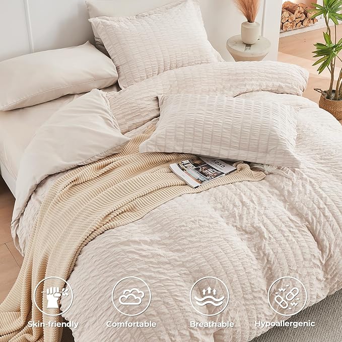 HYMOKEGE Beige Twin Size Duvet Cover, Ultra Soft 2-Piece Seersucker Duvet Cover Set with Zipper Closure, Soft Brushed Microfiber Bedding Set with 8 Corner Ties (68"x90", 1 Pillowshams)
