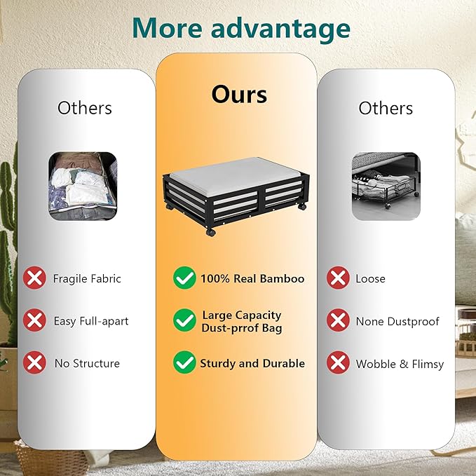 Wisuce Bamboo Under Bed Storage Containers- Underbed Organizer with Wheels with Dust Bag,Sturdy Wood Rolling Under the Bed Shoe Storage Organizer Drawers (Black, 2 Pack (23.62"×16.54"))