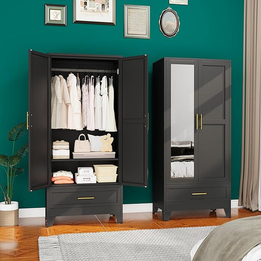erosoei 71" H Metal Armoire Wardrobe Closet with Mirror,Household Steel Wardrobe Cabinet with Drawers,Clothing Storage Armoire Cabinet with Adjustable Shelves and Hanging Rod for Bedroom（Black）