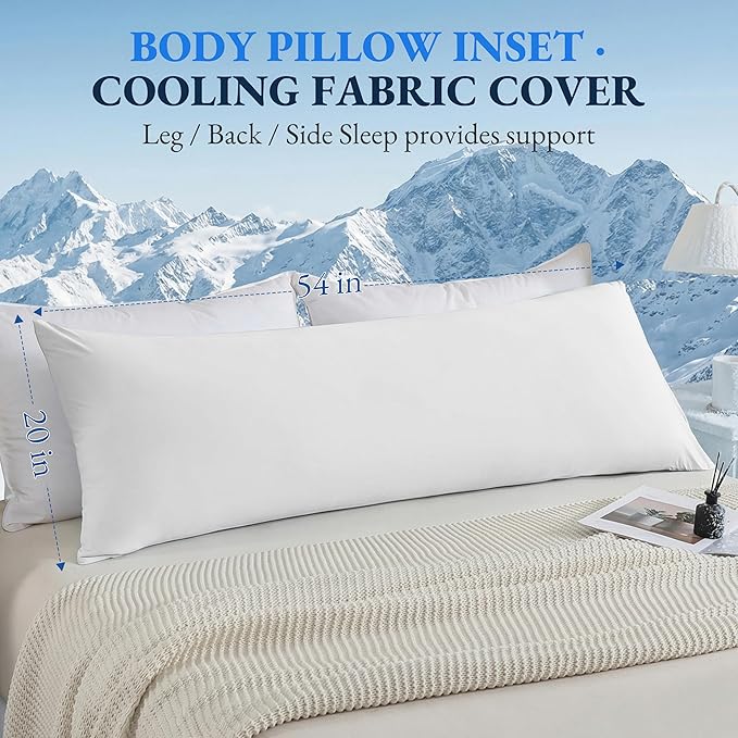 ELNIDO QUEEN Cooling Body Pillow Insert with Cover – Breathable Long Body Pillow for Side Sleepers, Soft Support Bed Pillow for Adults, 20x54 Inches White