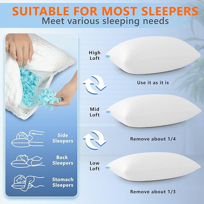 UYWO Cooling Pillows Queen Size Set of 2, Memory Foam Pillows with Zipper, Firm Bed Pillows Adjustable for Hot Side Back Stomach Sleepers