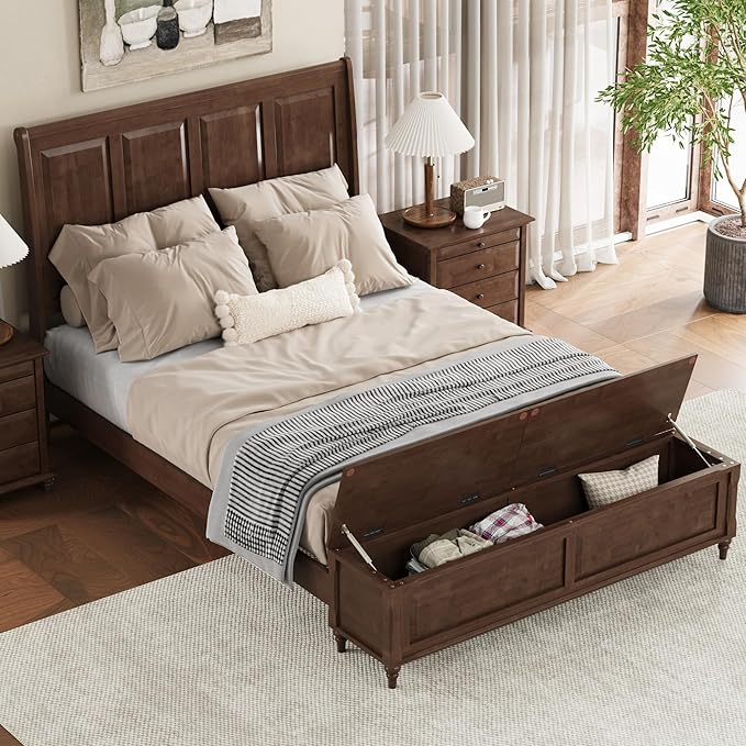 KEIKI Queen Size Bed Frame with Storage Bench, Solid Wood Sleigh Bed with High Headboard and 64" Storage Chest, Rubberwood Platform Bed, No Box Spring Required, Walnut Brown