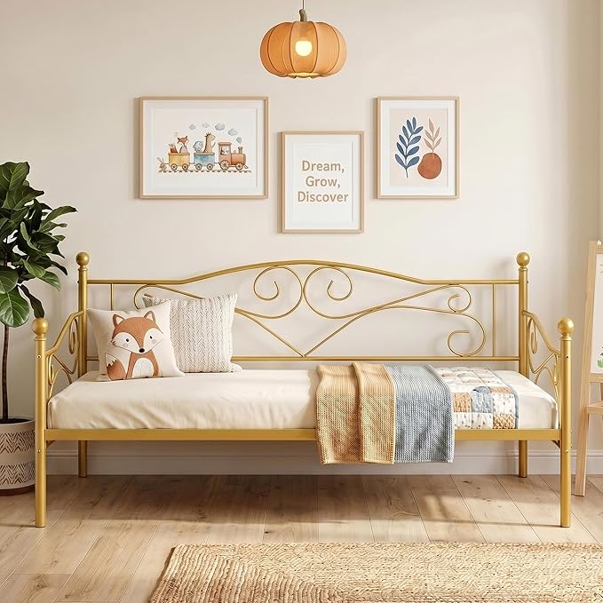 VECELO Daybed Frame, Twin Size Metal Platform Bed with Headboard,Heavy Duty Steel Slats Support for Living Room Bedroom Guest Room, Easy Assembly