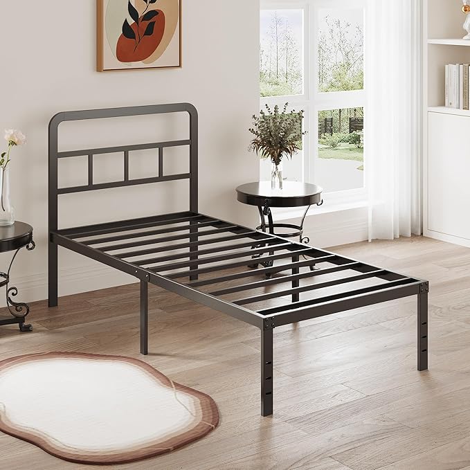 DiaOutro 16 Inch Twin XL Bed Frame with Headboard No Box Spring Needed Metal Platform Heavy Duty Steel Slat Mattress Foundation/Easy Assembly/No Noise/Black
