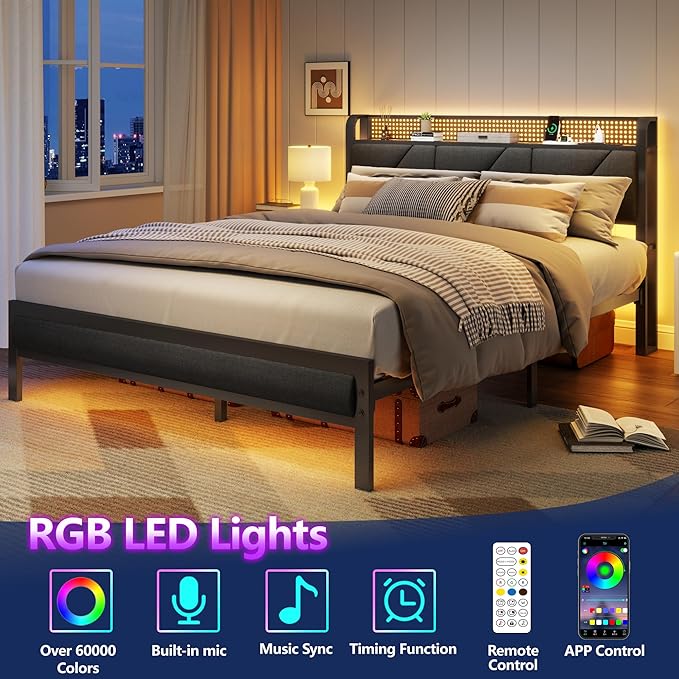 Furnulem Queen Bed Frame with Headboard and Storage Shelf, LED Light and Charging Station, Metal Platform Bed with Heavy Duty Slats, No Box Spring Needed, Noise Free & Easy Assembly