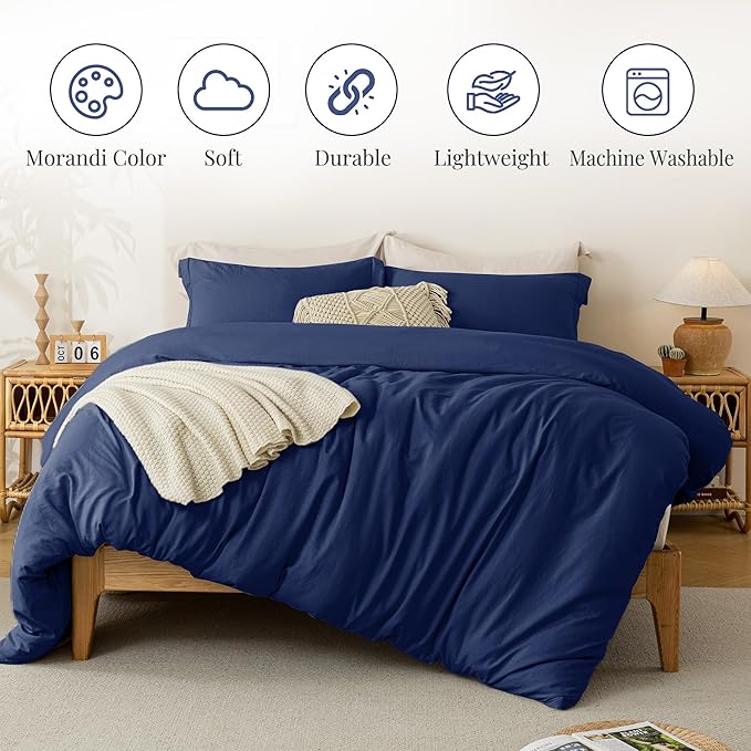 MILDLY Super Soft Duvet Cover - 100% Washed Microfiber Navy Blue Comforter Cover Set 3 Pieces with Zipper Closure & Corner Ties (No Comforter)
