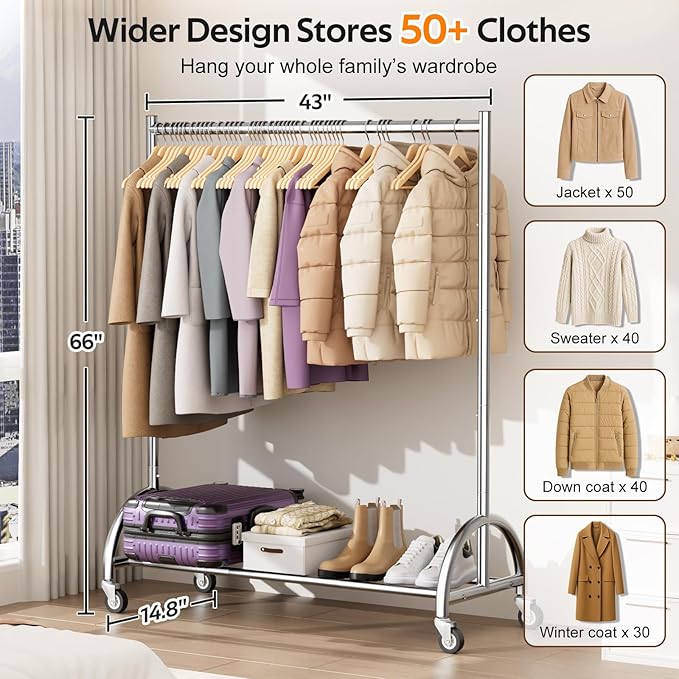 MISSLO Heavy Duty Clothing Rack with Wheels Rolling Clothes Racks for Hanging Clothes, Coats, Garment, Dress, Silver