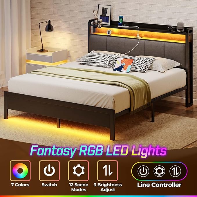 Rolanstar Queen Bed Frame with LED Lights, Upholstered Headboard, Charging Station, Storage Shelves, Heavy Duty Metal Slats, No Box Spring Needed, Noise Free, Easy Assembly, Grey