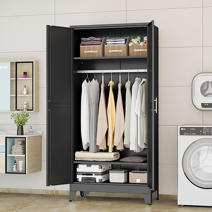 erosoei 71 "Metal Armoire Wardrobe Closet, Steel Clothing Storage Cabinet with Adjustable Shelves and Hanging Rod, Household Steel Wardrobe Storage Cabinet with Adjustable Standing feet（Black）