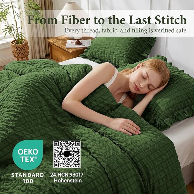 JOLLYVOGUE Dark Green Twin Size Comforter Set, 2 Pieces Seersucker Lightweight Fluffy Bedding Set, Twin Ruffle Comforter, All Season Soft Microfiber Shabby Chic Bed Set