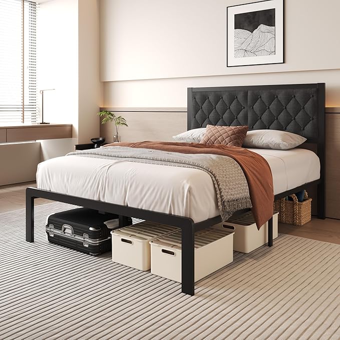 Fluest Full Bed Frame with Headboard Linen Upholstered Bed Frame Platform,All Metal Slats Support Platform Bed Frame with Storage Space,Easy Assembly,Noise Free,No Box Spring Needed,Grey