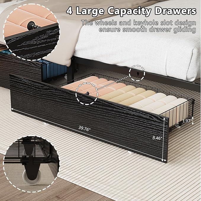 VINGLI Metal Bed Frame King with 4 Drawers and Storage Headboard, Platform with Charging Station and LED Lights, No Box Spring Needed, Noise Free, Easy Assembly, Black